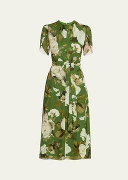 Floral Silk Short-Sleeve Belted Midi Dress