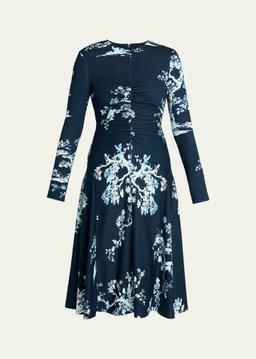 Long-Sleeve Floral Draped Midi Dress