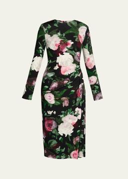Floral Long-Sleeve Draped Midi Dress