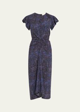 Terena Mosaic Stretch Silk Puff-Sleeve Midi Dress