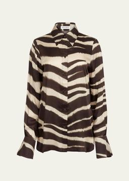 Zebra-Print Satin Button-Down Blouse