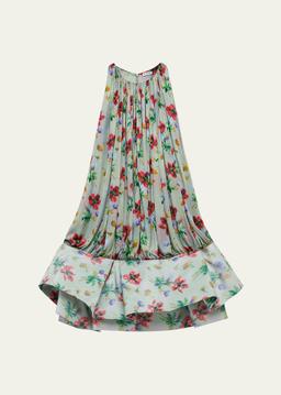Flamenco Pleated Floral Satin Drop-Waist Mini Dress