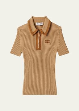 Cashmere Rib Short-Sleeve Polo Top