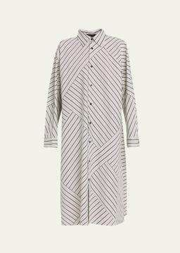 Slim A-Line Long-Sleeve Midi Shirtdress With Collar And Stepped Insert