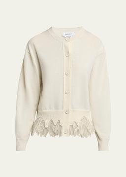 Lace-Hem Cashmere Crewneck Cardigan