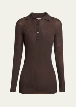 Long-Sleeve Fine Rib Polo Top
