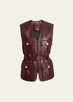 Lambskin Leather Belted Zip Slouch Vest
