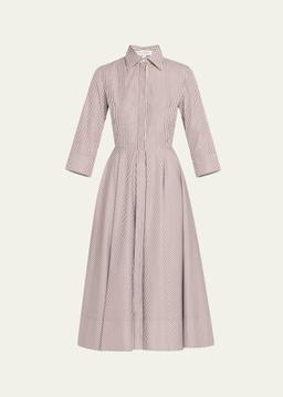 3/4-Sleeve Striped Midi Shirtdress With Belt