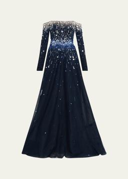 Embroidered Tulle Off-The-Shoulder Long-Sleeve Gown