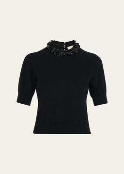 Liv Embroidered Short-Sleeve Cashmere Sweater