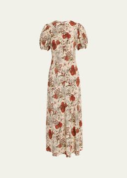 Ines Puff-Sleeve Silk Maxi Dress