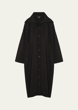 Smaller-Front Larger-Back High-Neck Coat With Button Away Hood (Full Length)
