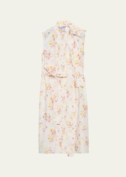 Bouquet-Print Sleeveless Poplin Dress