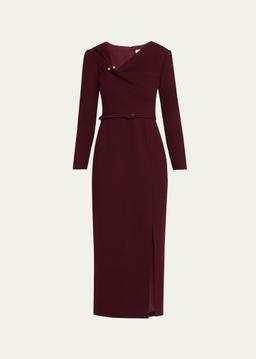 Sphere Pin Draped Wool Crepe Midi Dress