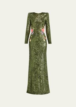 Strong-Shoulder Sequined Long-Sleeve Gown