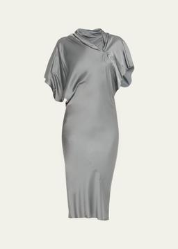 Short-Sleeve Draped Satin Midi Dress