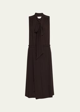 Scarf-Neck Pleated Silk Midi Shirtdress