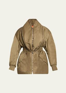 Dual-Zipper Shawl Collar Bomber Jacket