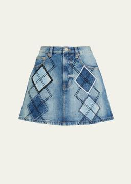 Argyle Patchwork Denim Mini Skirt