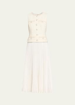 Pleated Boucle Mixed Media Midi Dress