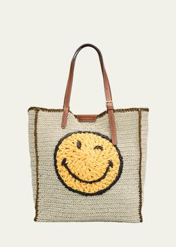 Wink Embroidered Raffia Tote Bag