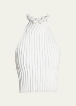 Ribbed Knit Curled Trim Halter Top