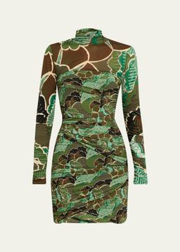 Clarabella Ruched Leaf-Print Bodycon Mini Dress