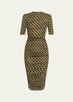 Lena Ruched Geometric-Print Midi Sheath Dress