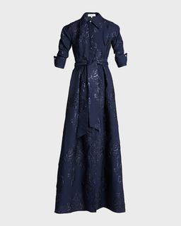 Belted Jacquard Shirtdress Gown