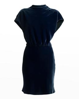 Draped Cap-Sleeve Velvet Dress