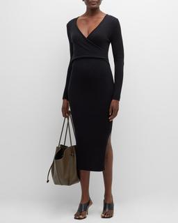 Ribbed Side-Slit Wrap Midi Dress