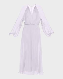 Zip-Front Long-Sleeve Silk Chiffon Layered Gown
