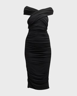Off-The-Shoulder Ruched Jersey Midi Dress