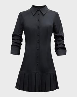 Lucilla Topstitched Pleated-Hem Mini Shirtdress
