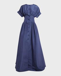 Corset-Waist Short-Sleeve Button-Front Gown