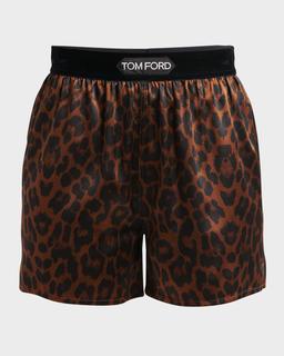 Reflected Leopard-Print Satin Pajama Shorts