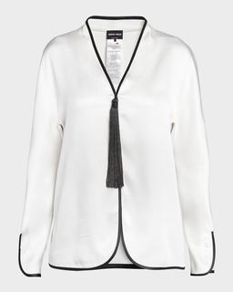 Tassel Silk Blouse with Contrast Tipping