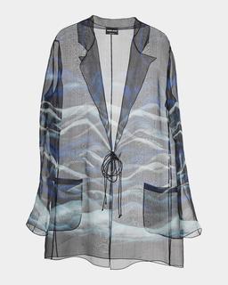 Night Water Print Self-Tie Silk Blouse Jacket