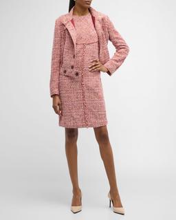 Georgette-Trim Eyelash Fringe Tweed Sleeveless Dress