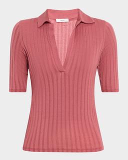 Elbow-Sleeve Silk Rib Polo Shirt