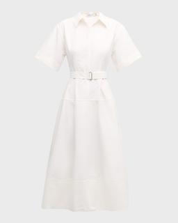 Deanna Belted Poplin Short-Sleeve Midi Shirtdress