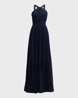 Pleated Twist-Front A-Line Halter Gown