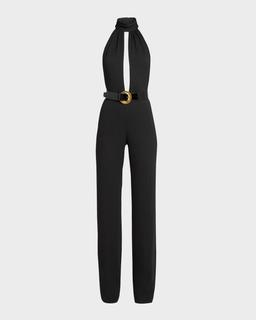 Stretch Sable Belted Halter Jumpsuit