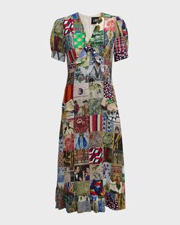 Bloomsbury Collage-Print Sicilian Short-Sleeve Midi Dress