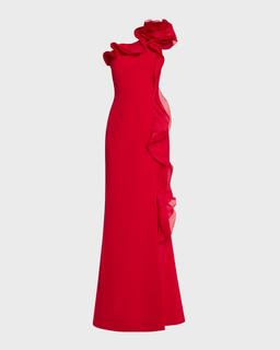 One-Shoulder Ruffle Crepe Gown