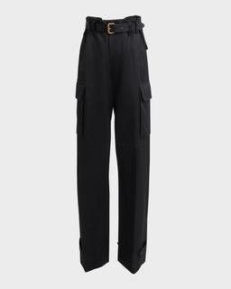 High-Rise Belted Straight-Leg Satin Cargo Pants