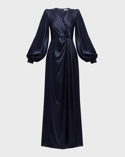 Eden Pleated Balloon-Sleeve Silk Gown