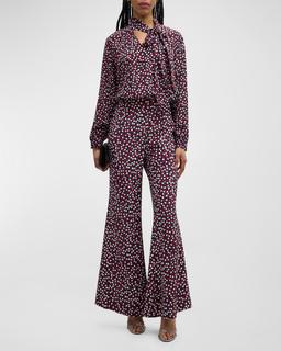 Keith Confetti-Print Neck-Tie Slim Silk Blouse