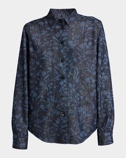 Shiny Denim Floral Print Button-Front Shirt