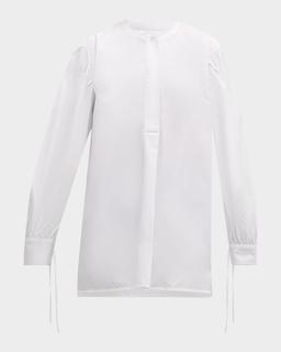 Tie-Cuff Long-Sleeve Oversized Cotton Shirt